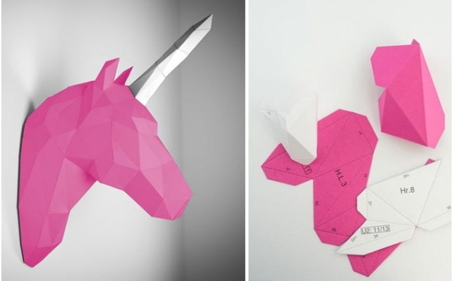 trophée mural origami animal pour chambre enfant, licorne rose