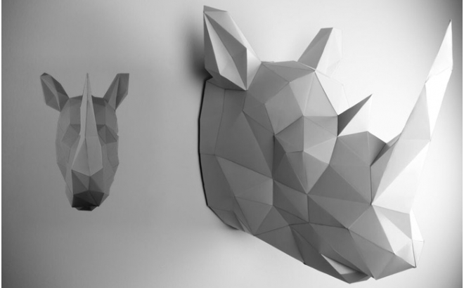 origami animal trophy for kids room, grey rhinoceros