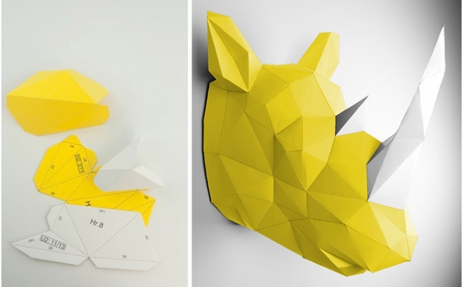 trophée mural origami animal pour chambre enfant, rhinocéros jaune