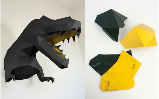 trophée mural origami dino L noir et doré pour chambre enfant garçon