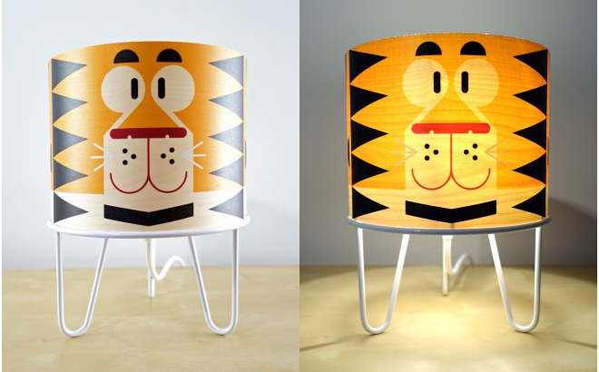 lamp Minilum Tiger for kids room, wood and white metal