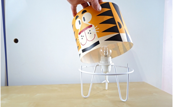 lamp Minilum Tiger for childrens room, wood lampshade