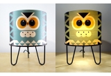 kids lamp Minilum Owl, wood lampshade and black metal base