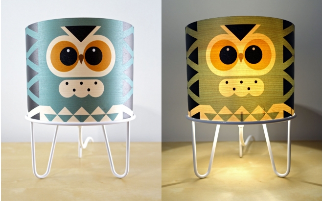kids lamp Minilum Owl, wood lampshade and white metal base