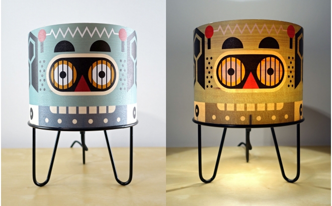 lampe enfant Minilum Robot, bois et metal noir