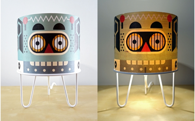 kids lamp Minilum Robot, wood and white metal