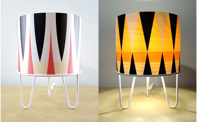 kids lamp with geometric pattern, wood lampshade and metal