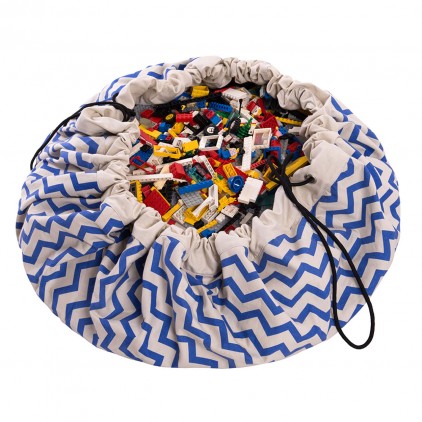 Sac Rangement de Jouets et Tapis de Jeux Play and Go zigzag bleu