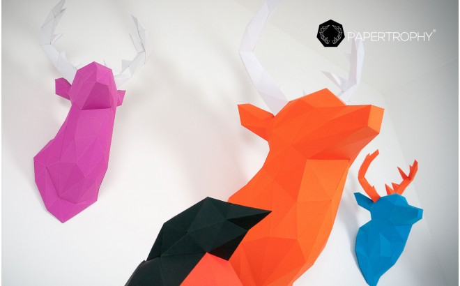 trofeo origami de pared ciervo naranja de papel
