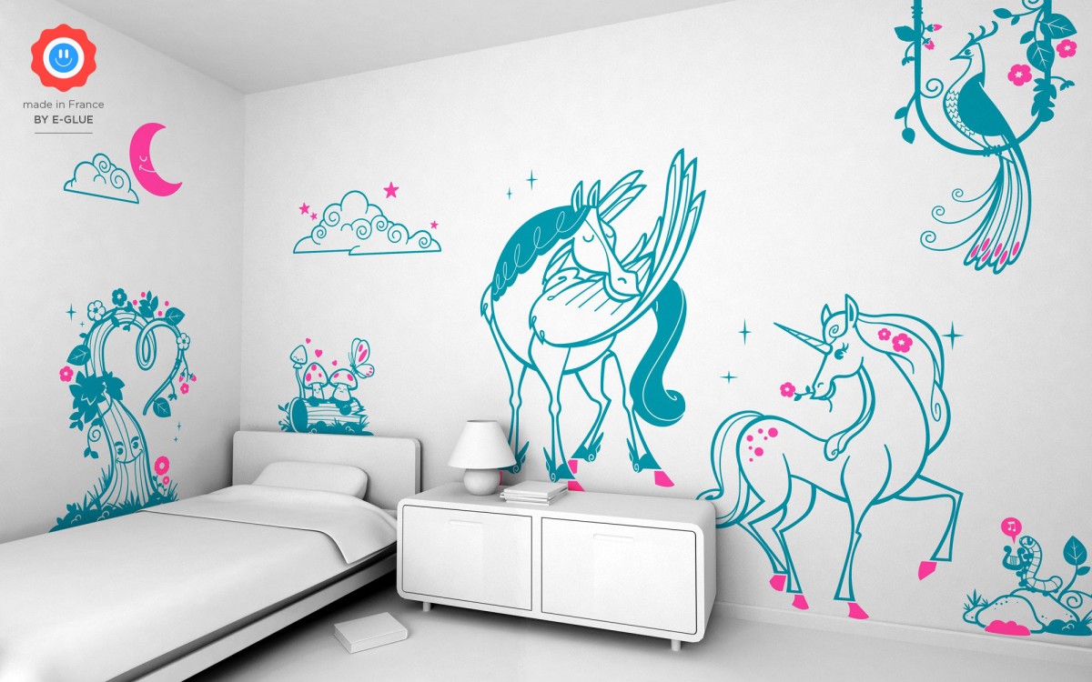 Stickers licorne. Décoration murale chambre enfant fille thème licorne