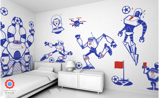 kit vinilos infantiles cama niño robots futbolistas