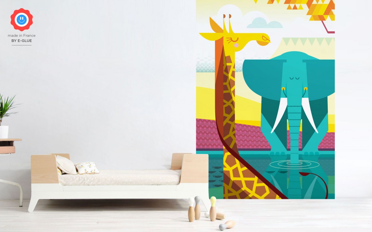 kids wallpaper mural giraffe and elephant