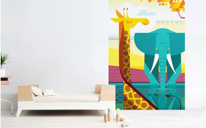 Fresque Murale Papier-Peint Enfants Savane girafe éléphant