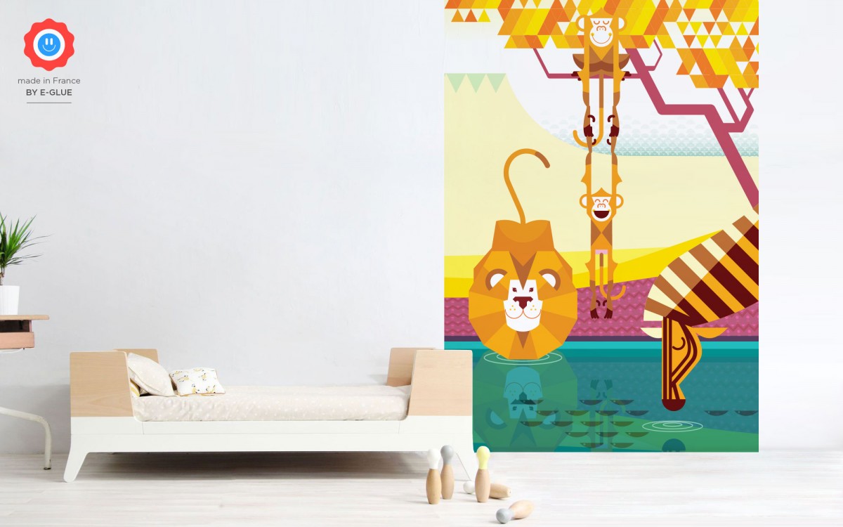 kids wallpaper mural monkeys, lion, zebra