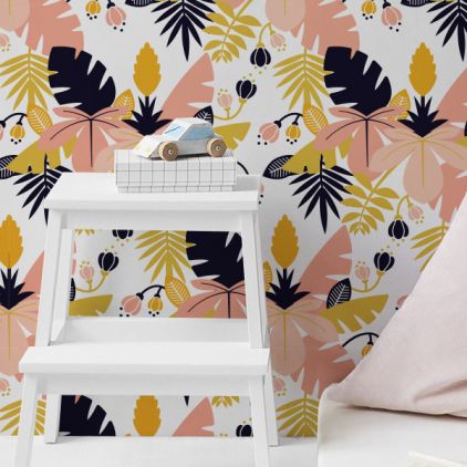 pink tropical jungle leaves wallpaper for kids room, girls room