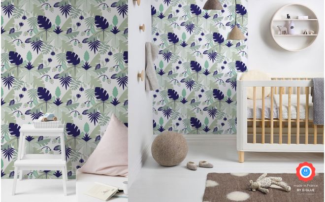 blue tropical jungle leaves wallpaper for kids room, boys room
