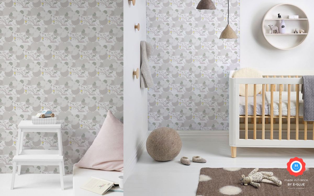 bird wallpaper for kids room or nursery - grey