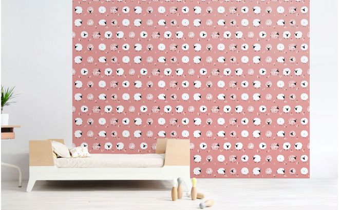 cute pink sheep nursery wallpaper for kids room, girls room or baby room