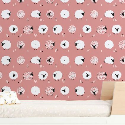 cute pink sheep nursery wallpaper for kids room, girls room or baby room