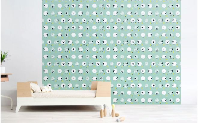 cute mint blue sheep nursery wallpaper for kids room, boys room or baby room