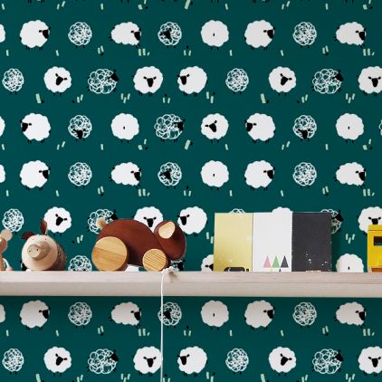 cute peacock blue sheep kids wallpaper for children's room or baby nursery