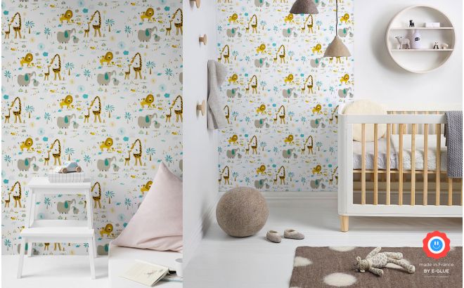 cute jungle animals wallpaper for children's room or baby nursery