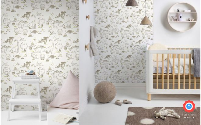 taupe and green dinosaur wallpaper for trendy boys room