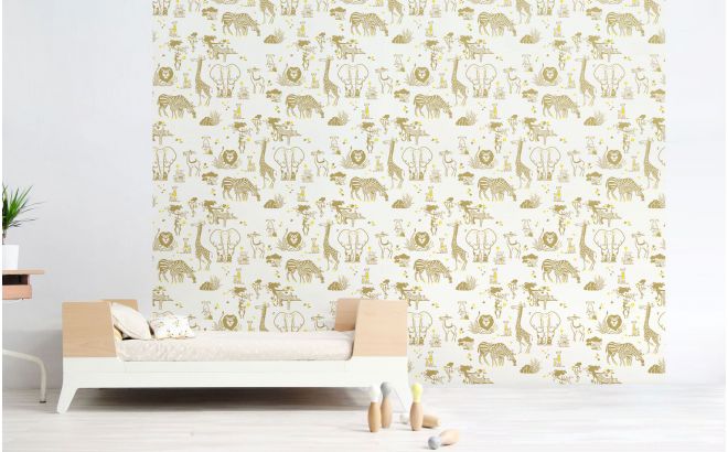 cute safari animals wallpaper mustard and yellow for children's room or baby nursery