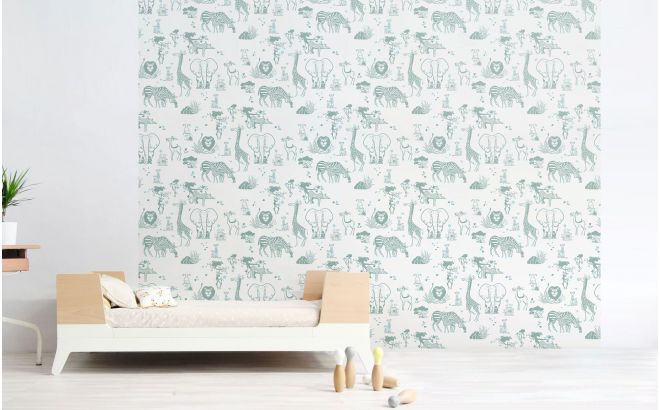 cute safari animals wallpaper green grey and blue for trendy boys room