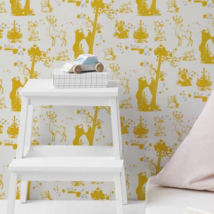 papel pintado infantil con lindos animales del bosque mostaza y gris para habitaciones infantiles bebés