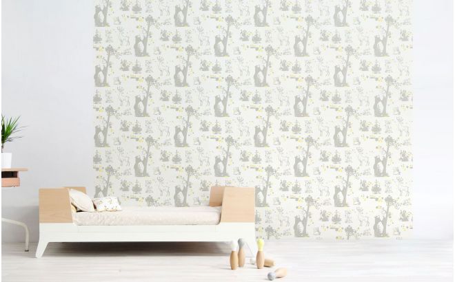 joli papier peint enfant animaux de la foret gris et jaune pour chambre enfant et bébé