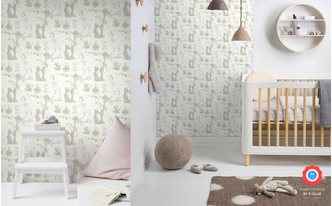 joli papier peint enfant animaux de la foret gris et jaune pour chambre enfant et bébé