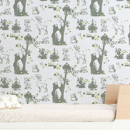 cute forest animals wallpaper khaki and green for children's boys room