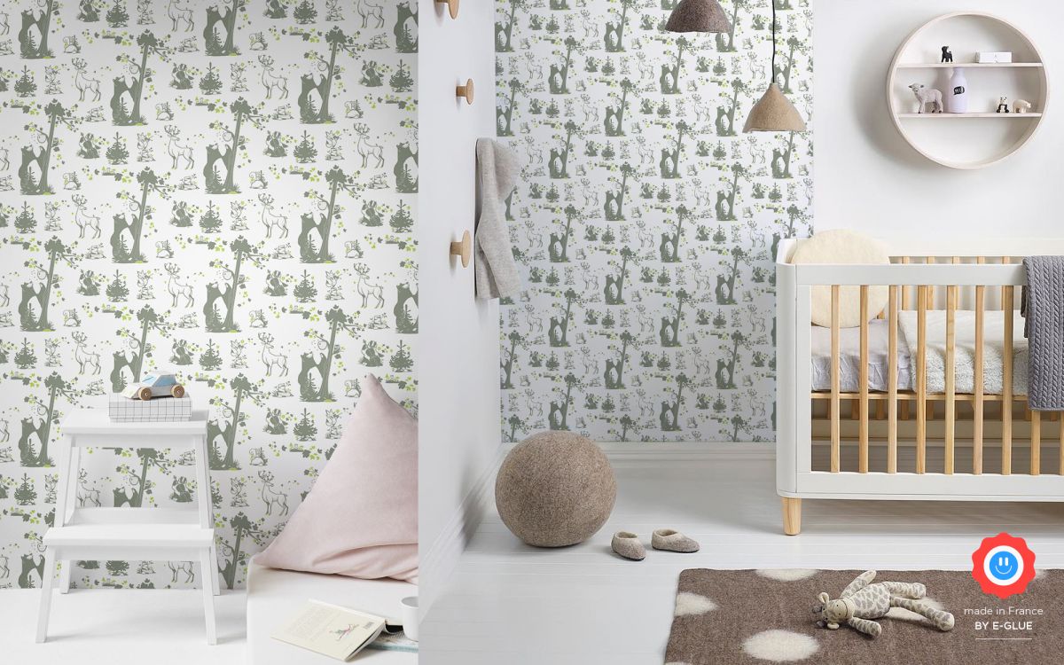 forest animals kids wallpaper - green grey