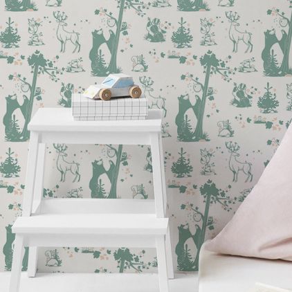 cute forest animals wallpaper green grey and pink for children's girls room
