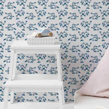 blue and yellow soccer football players wallpaper for modern boys room