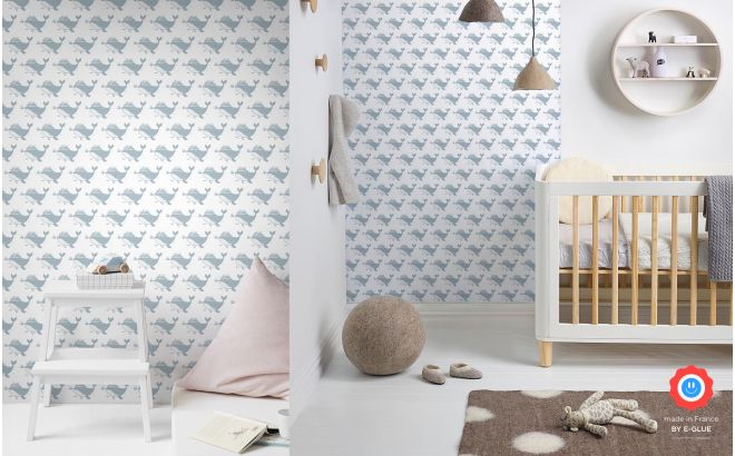 cute pastel blue nursery whale wallpaper for kids room, boys room or baby room
