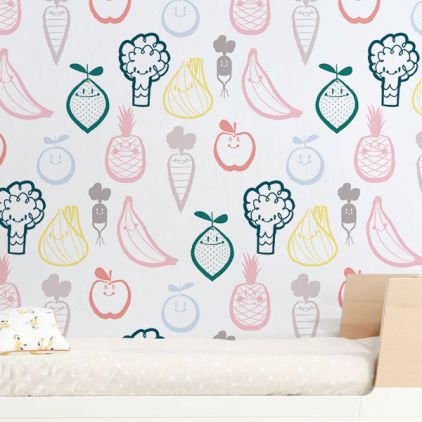 baby room fruit and veggie wallpaper, baby nursery wall mural, kids room wall decor.