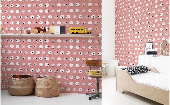 cute pink sheep nursery wallpaper for kids room, girls room or baby room