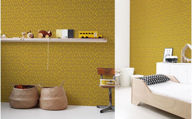 papel pintado gráfico infantil mostaza y amarillo para habitación infantil moderna