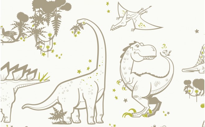 papier peint dinosaure taupe et vert pour chambre garçon contemporaine