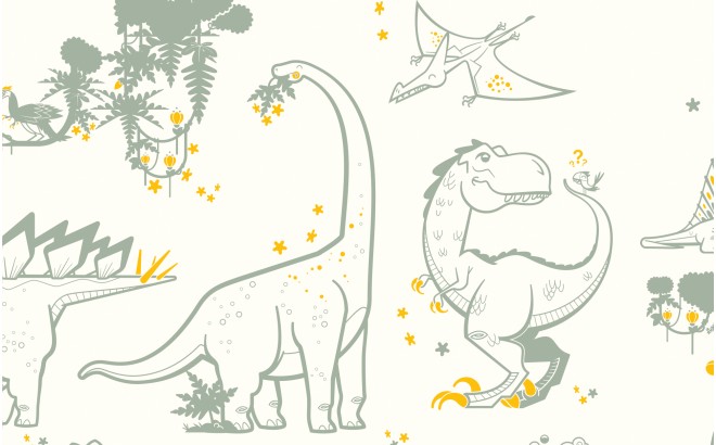 grey and yellow dinosaur wallpaper for modern boys room