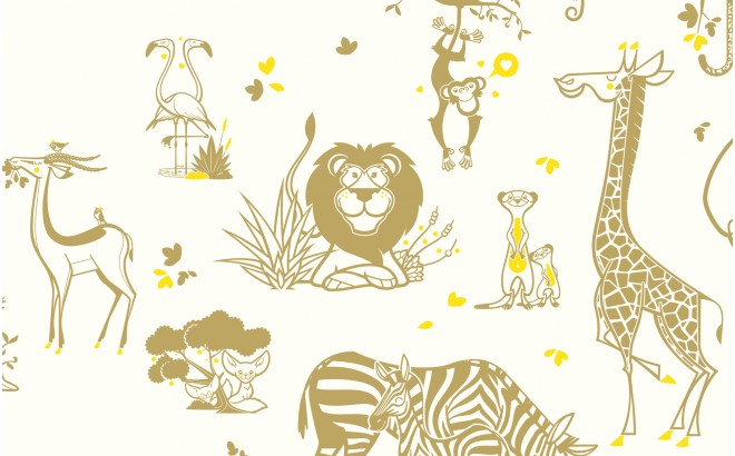 joli papier peint enfant animaux de la savane moutarde et jaune pour chambre enfant et bébé