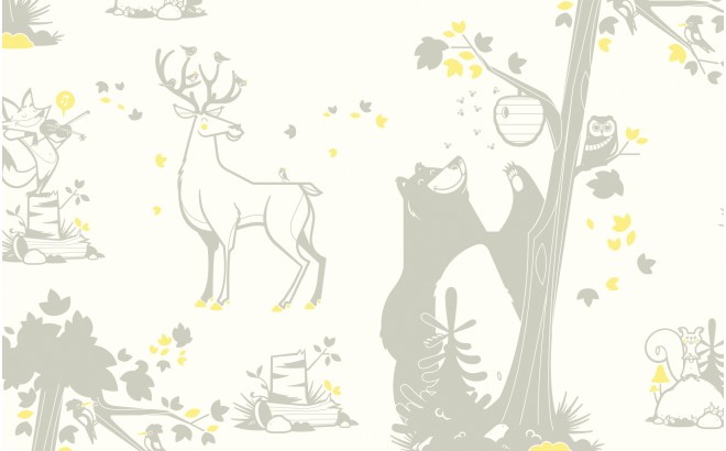 papel pintado infantil con lindos animales del bosque gris y amarillo para habitaciones infantiles bebés