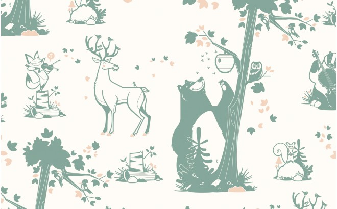 papel pintado infantil con lindos animales del bosque gris verde y rosa para habitaciones infantiles niñas