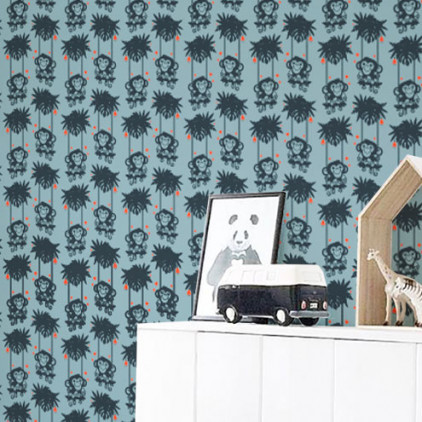 blue baby monkey wallpaper for kids room, baby boy nursery