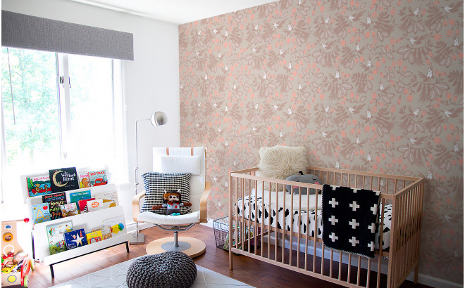 PAPEL PINTADO PÁJAROS Y FLORES ROSA - Decoración Habitación Infantil