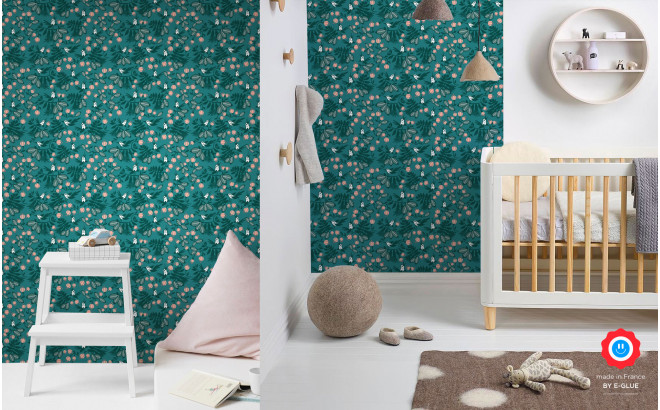 papel pintado infantil pájaros flores turquesa para habitación infantil, cuarto bebé