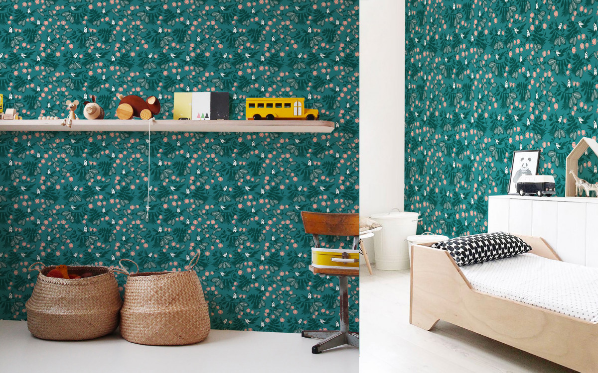 papier peint enfant oiseaux et fleurs turquoise