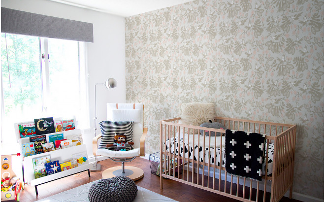 PAPEL PINTADO PÁJAROS Y FLORES GRIS - Decoración Habitación Infantil